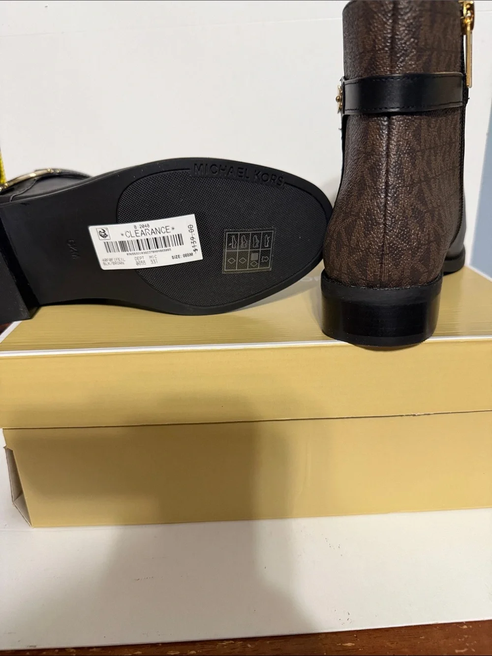 Michael Kors Black Leather Ankle Boots with Brown MK Panel